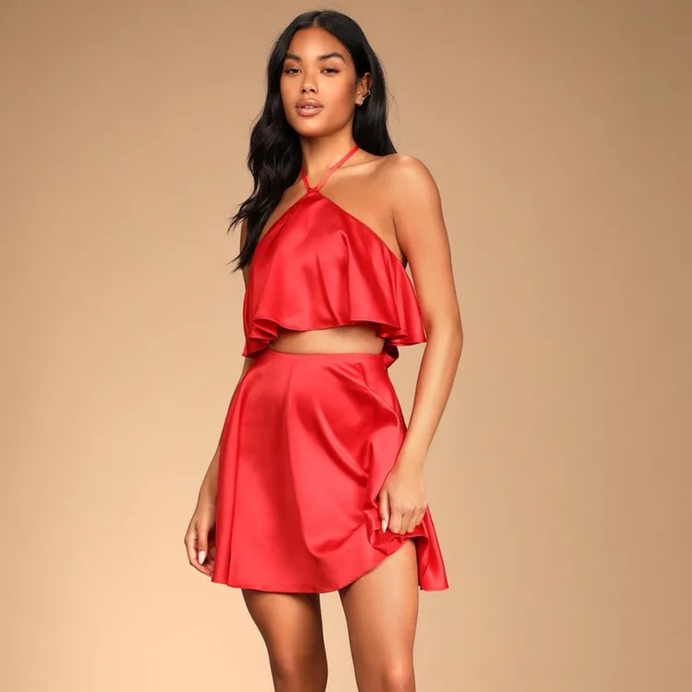 lulus red satin two piece dress